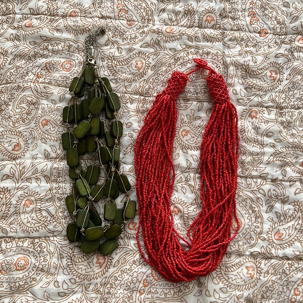 Fair Trade green seed and beaded redish-orange pretty necklaces 💚❤️